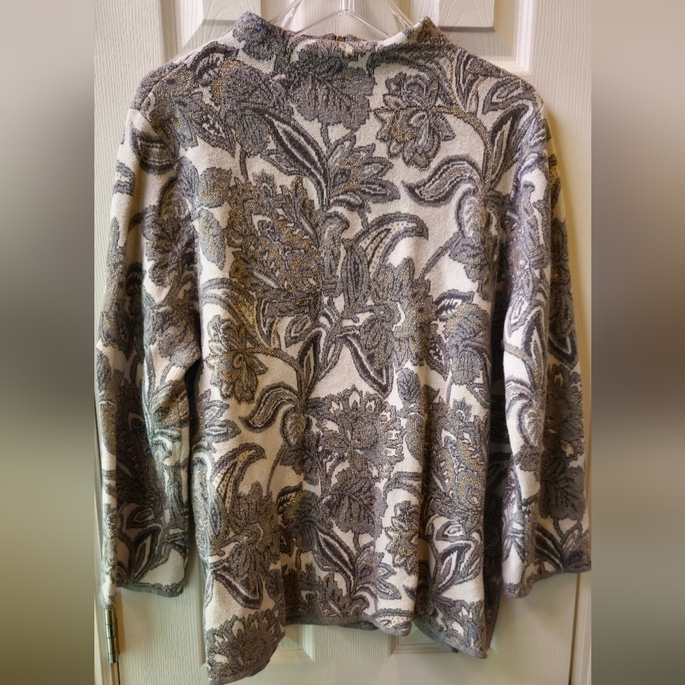 Chico's Gray & Cream w/Gold Accents Floral Cashmere Blend Sweater-Size XL